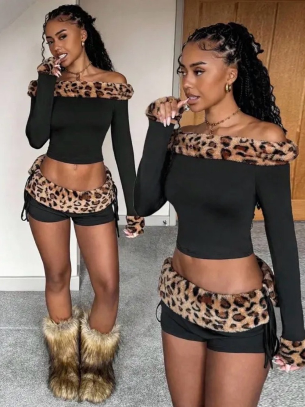 Women’s Fuzzy Off Shoulder Leopard 2PC Set Crop Top & Low Waist Shorts